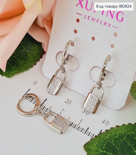 Сережки родированые кольца "Замочек" с камнями, 2,5*1см, Xuping 180824 фото 1