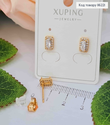 Серьги гвоздики, с прямоугольным камешком в оправе из мелких камешков, 7мм, Xuping 18K 116221 фото 1