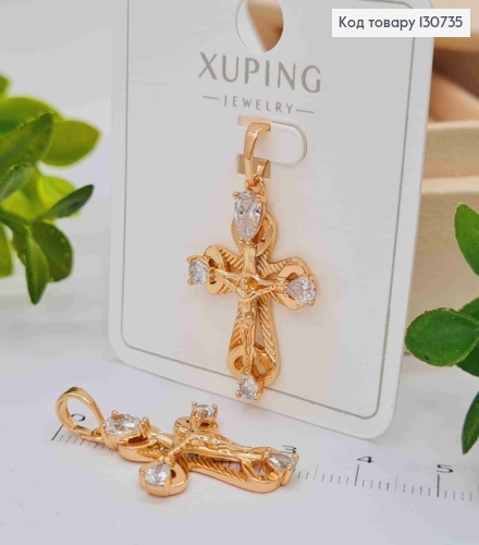 Крестик с распятием и Блестящими камешками по краям, размер 2,7*1,9см, Xuping 18K 130735 фото 1