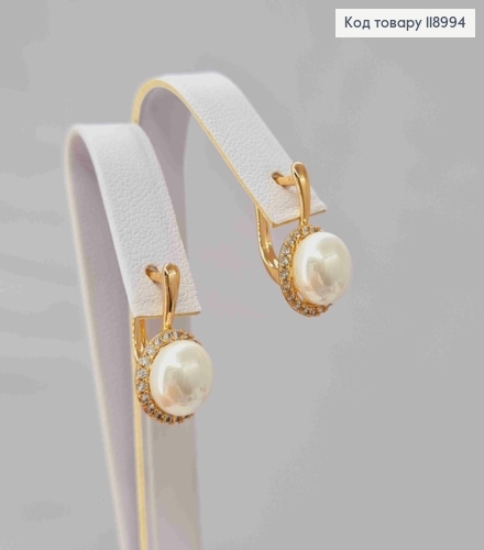 Серьги с жемчужиной в оправе из камней, 1,7см, английская застежка, XUPING 18K 118994 фото 1