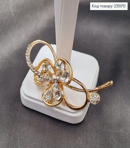 Брошка метал Цветок золото с камушками 5х2,5см 235170 фото 2