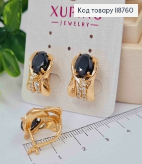 Серьги "Вечность" с Большим Черным камнем, 1,6см, английская застежка, Xuping 18K 118760 фото