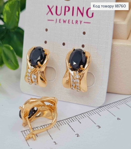 Серьги "Вечность" с Большим Черным камнем, 1,6см, английская застежка, Xuping 18K 118760 фото 1