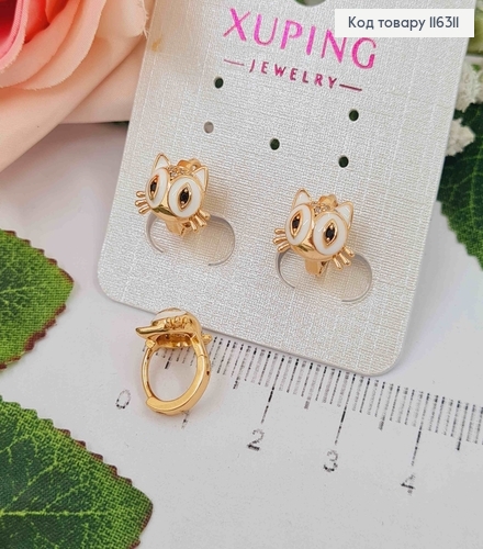 Серьги кольца 1см, "Котенок" с белой эмалькой Xuping 18K 116311 фото 1