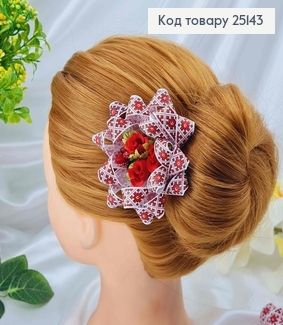 Заколка Бант Репсовий Красный с цветком 25143 фото