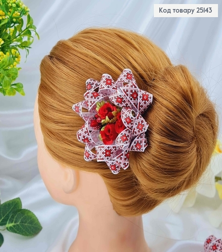 Заколка Бант Репсовий Червоний з квіткою 25143 фото 1
