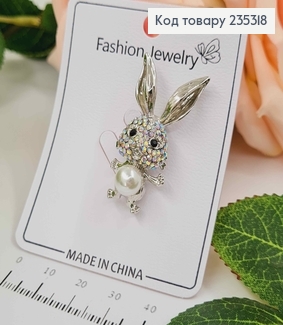 Брошка ЗАЙЧИК в камінцях та бусинках, 4*1,6см 235318 фото