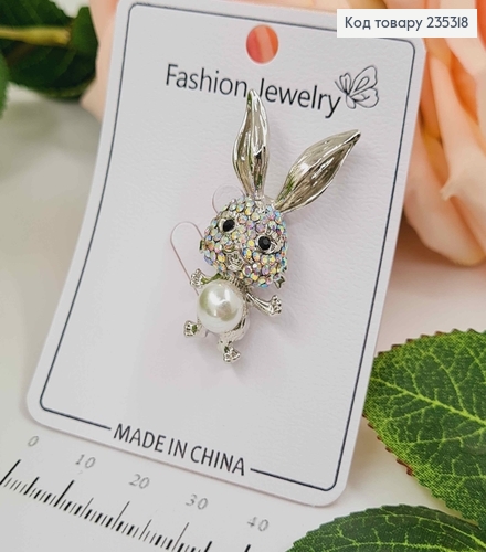 Брошка ЗАЙЧИК в камінцях та бусинках, 4*1,6см 235318 фото 1
