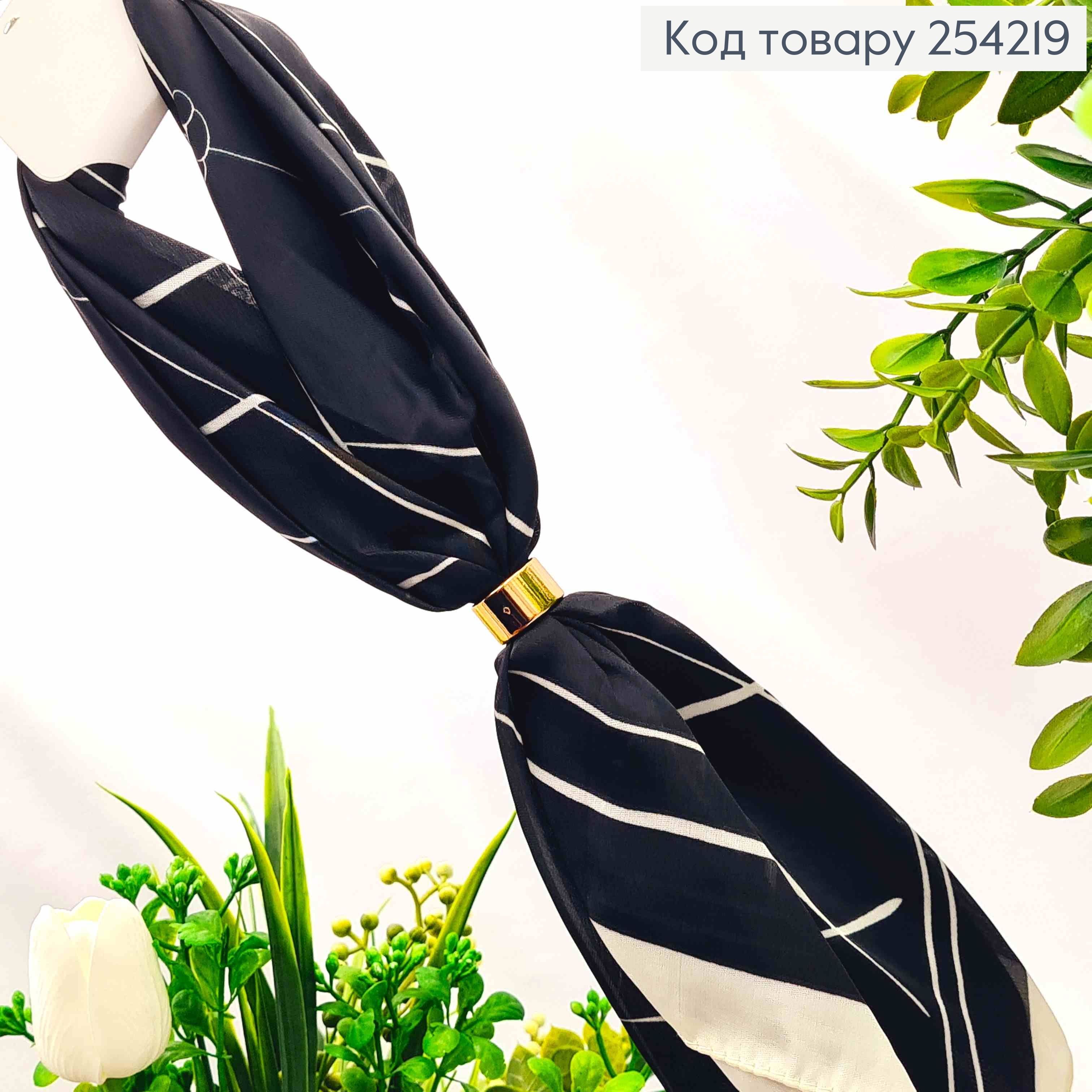 Хустка з колечком, Чорного кольору з геометричним малюнком, 70*70см, 100% поліестр (шовк) 254219 фото 2