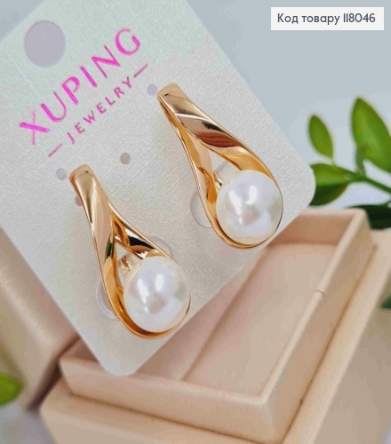 Серьги "Петелька" с жемчужиной, 2,7см, английская застежка, Xuping 18K 118046 фото 1