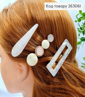 Набір дитячих заколок стріла (3шт) "Прямокутна-Краплинка", Перламутрових кольорів, 6,5см 263061 фото