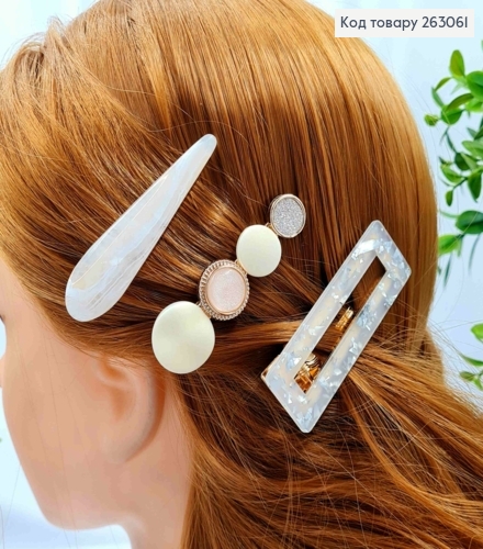 Набір дитячих заколок стріла (3шт) "Прямокутна-Краплинка", Перламутрових кольорів, 6,5см 263061 фото 1