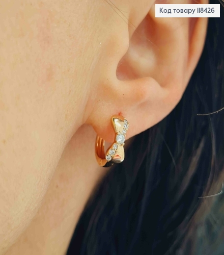 Сережки кільця "Бантик" прикрашені Блискучими камінцями, діаметр 1,3см, Xuping 18К 118426 фото 3