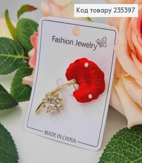 Брошка, "Пелюстка на Гілочці" Червоного кольору з камінчиками та Перлинкою, 5,5см, Золотого кольору 235397 фото