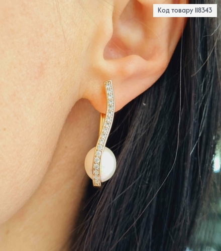 Серьги овальные украшены камнями и жемчужиной внутри, 3см, английская застежка, XUPING 18K. 118343 фото 2