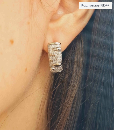 Сережки родованные прямоугольная пластина украшена блестящими камешками, 1,9см, англ. застежка, Xuping 181547 фото 2