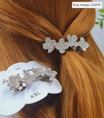 Заколка автомат металлическая "ВАН КЛОВ" с Блестящими камешками, 6,5*1,5см, Серебряного цвета 221209 фото 1