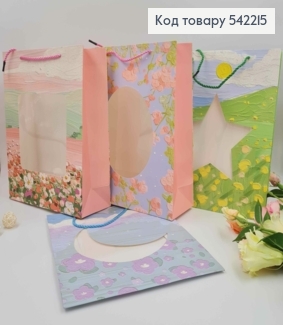 Пакет бумажный, "рисованные цветы" с окошечком, в ассорт. 32*26*10см 542215 фото