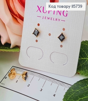 Серьги гвоздики, с ЧЕРНЫМ квадратным камнем, 4мм. Xuping 18K 115739 фото