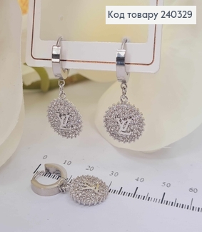 Серьги кольца серебряного цвета с подвеской "Луи Виттон" в камнях сталь Stainless Steel 240329 фото