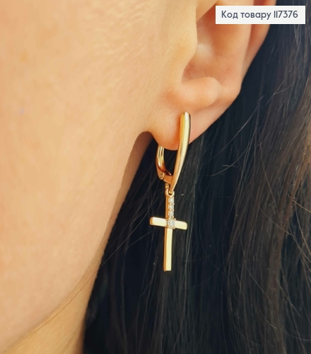 Серьги с подвесным крестиком с камешками, длина 1,7+1,6*1см, англ застежка, XUPING 18K 117376 фото 2