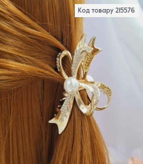 Краб металл, "Бантик" золотого цвета, с камнями и жемчужинами, 8см. 215576 фото