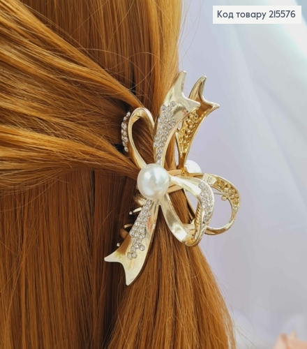 Краб металл, "Бантик" золотого цвета, с камнями и жемчужинами, 8см. 215576 фото 1