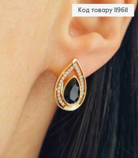 Сережки "Краплинка" з Чорним каменем Сваровські, довж. 1,6см, англійська застібка, Xuping 18К 119611 фото