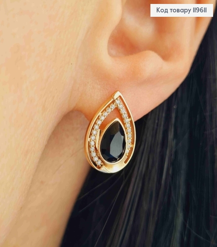 Сережки "Краплинка" з Чорним каменем Сваровські, довж. 1,6см, англійська застібка, Xuping 18К 119611 фото 1