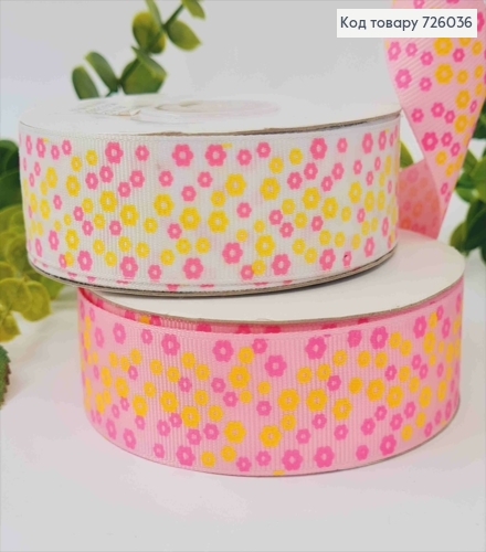 Лента репсовая, БЕЛАЯ/РОЗОВАЯ с принтом "Цветы" (в ассорт.), ширина 2,5см, длина 25 ярдов(23м) 726036 фото 1