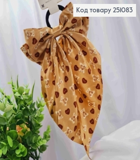 Бант КОРИЧНЕВОГО кольору з принтом Ведмедики, на резинці 4см, тканина атлас, розмір 15*30см 251083 фото