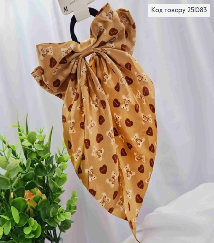 Бант КОРИЧНЕВОГО кольору з принтом Ведмедики, на резинці 4см, тканина атлас, розмір 15*30см 251083 фото 1