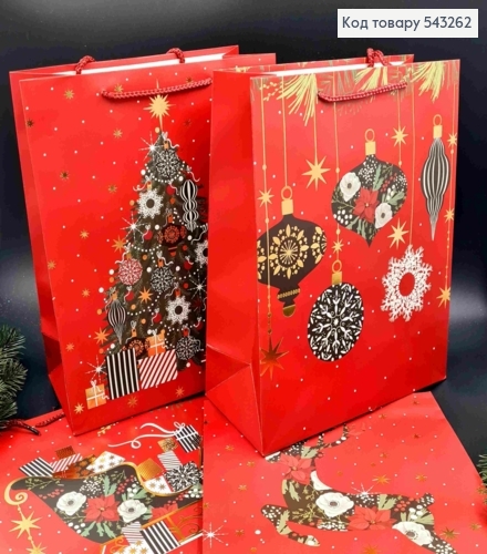 Пакет бумажный Красный с Новогодним принтом, 32*26*12, в ассортименте 543262 фото 1