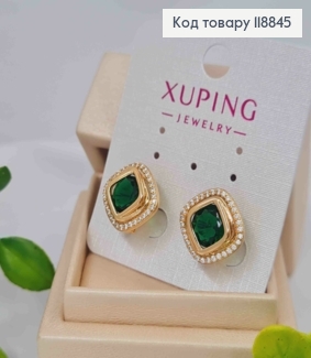 Серьги "Глаза Сфинкса" с Зеленым камнем в оправе из камешков, 1,4см, англ. застежка, Xuping 18К 118845 фото