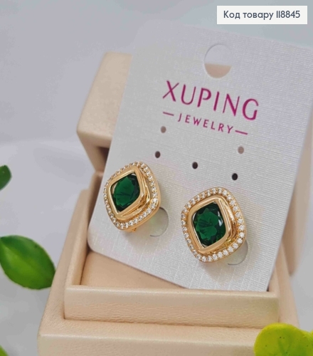 Сережки "Очі Сфінкса" з Зеленим каменем в оправі з камінців, 1,4см, англ. застібка, Xuping 18К 118845 фото 1