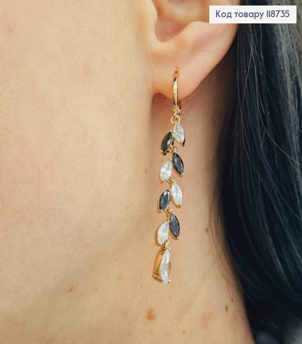 Серьги кольца (1,2см) с подвеской Веточка в Блестяще-Черных камнях (4,1см), Xuping 18K 118735 фото 2