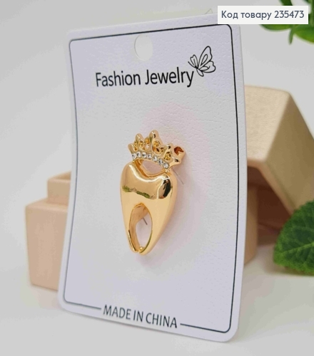 Брошь "Зубчик с короной" ЗОЛОТОГО цвета и камнями, размер 3*1,7см 235473 фото 3