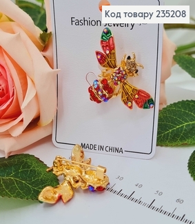 Брошь металл, "Пчелка", с цветными камнями красного оттенков, 4см 235208 фото