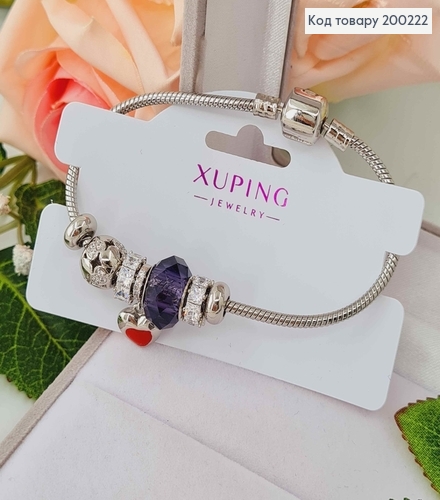 Браслет "Пандора" з Фіолетовим шармиком, з підвіскою хрестичком в камінцях, довж 18см. Xuping 18K 200222 фото 1