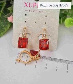 Серьги с квадратным Красным камнем, 1,9см, английская застежка, XUPING 18K 117589 фото