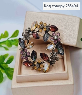 Брошка метал, "Квітковий Віночок" з Графітовими, Пудровими та Гранатовими камінцями,  діаметр 4см. 235494 фото