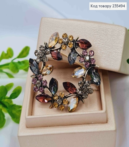 Брошка метал, "Квітковий Віночок" з Графітовими, Пудровими та Гранатовими камінцями,  діаметр 4см. 235494 фото 1