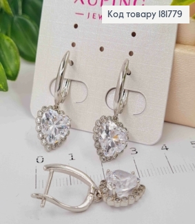 Серьги родованные с подвесным Блестящим СЕРДЦЕМ, длина 1,7+1,2см, английская застежка, Xuping 181779 фото