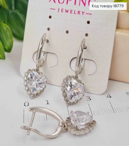 Серьги родованные с подвесным Блестящим СЕРДЦЕМ, длина 1,7+1,2см, английская застежка, Xuping 181779 фото 1