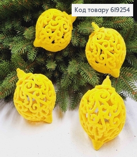 Новогодняя игрушка ВЕНЗЕЛЯ, дутая, бархат, цвет ЖЕЛТАЯ, диам.70мм, 4шт/уп, Украина 619254 фото