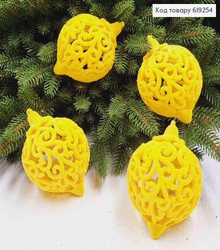 Новогодняя игрушка ВЕНЗЕЛЯ, дутая, бархат, цвет ЖЕЛТАЯ, диам.70мм, 4шт/уп, Украина 619254 фото 1