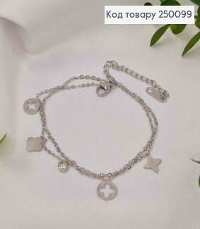 Браслет подвійний срібного кольору, з підвісками LV та камінцем, 18+5см, сталь Stainless Steel 250099 фото