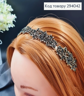 Діадема метал під золото з ОЛИВКОВИМ камінцями 294042 фото