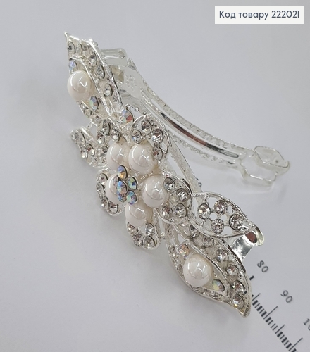 Заколка автомат металл серебряный с жемчугом 9 см 222021 фото 3