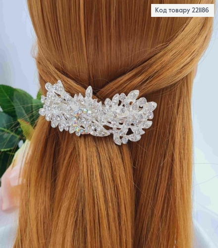 Заколка автомат, веточка листочков с блестящими камешками, серебряного цвета, 10см. 221186 фото 1